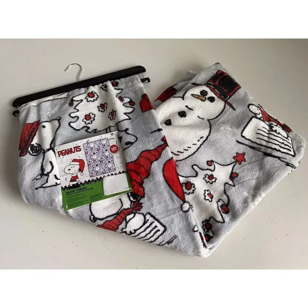 Peanuts Snoopy Snowman Throw Blanket Christmas Tree Snow Skiing‎ Ice Skating NEW